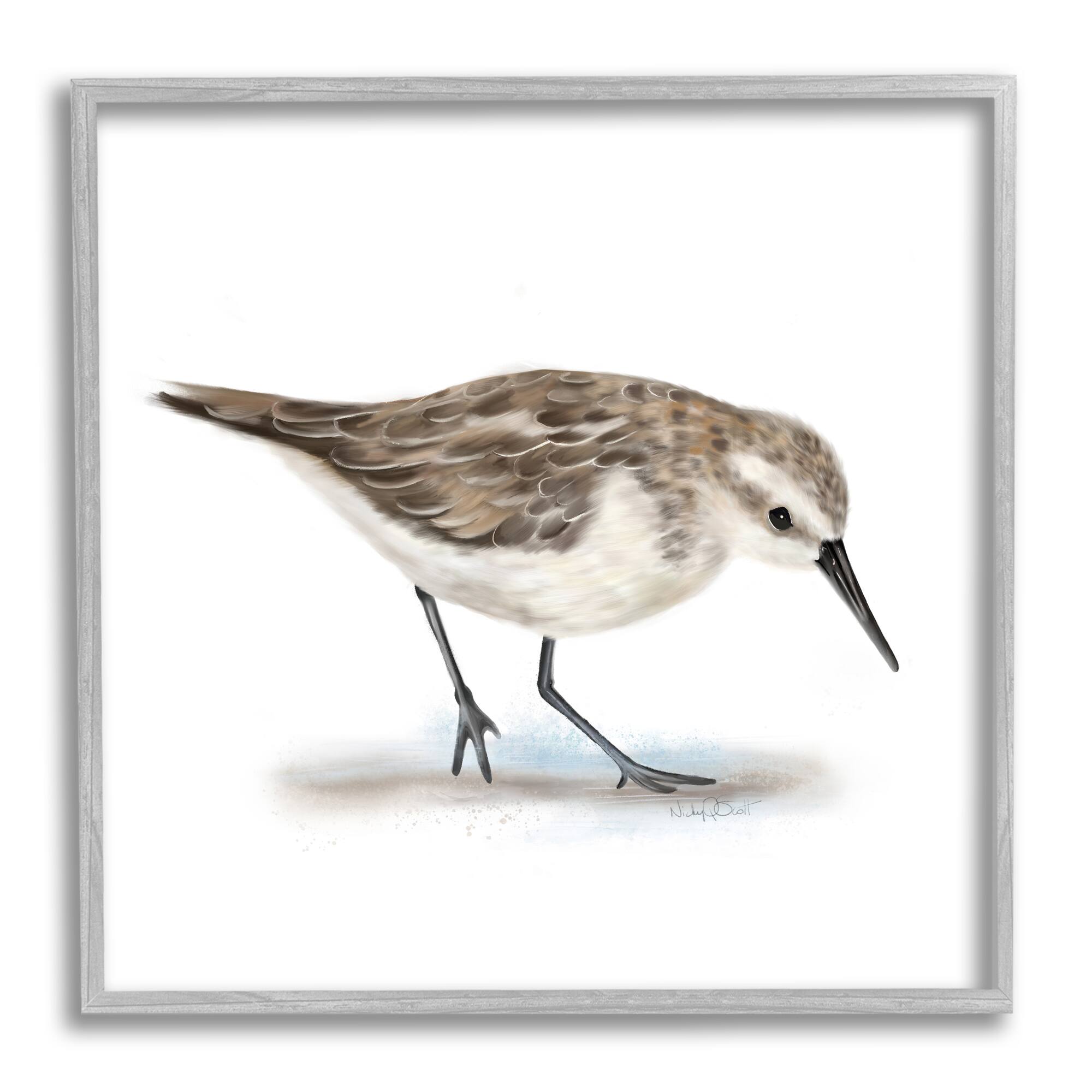 Stupell Industries Charming Sandpiper on Soft Sand Brown Nautical Bird in Gray Frame Wall Art
